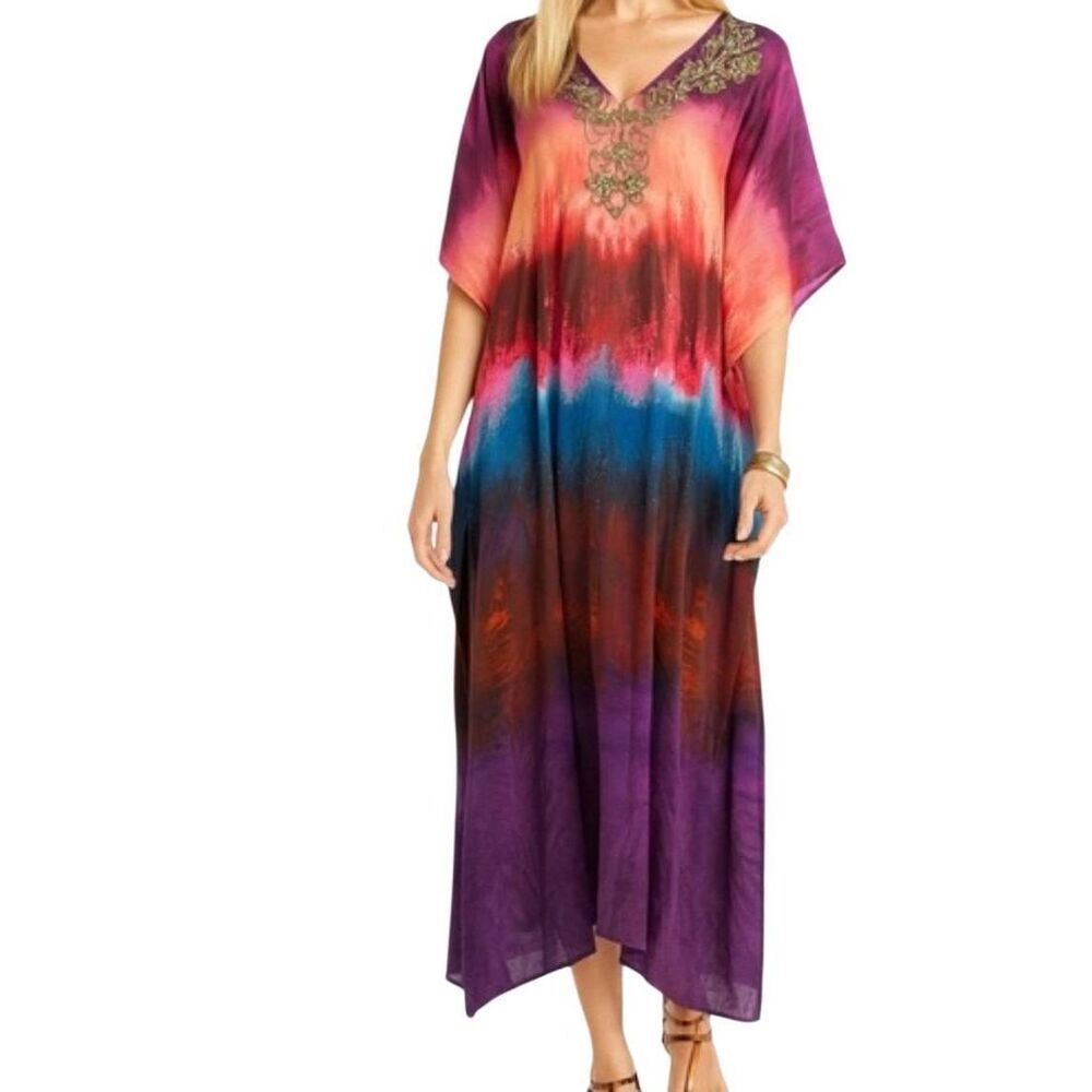 Soft Surroundings Kaftan Dress Women's One Size Purple Multi Beaded Resort Boho